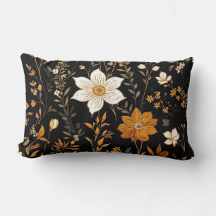Black Autumn Boho Vintage Gold Floral Pattern Lumbar Pillow