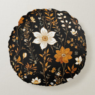 Black Autumn Boho Vintage Gold Floral Pattern Round Pillow
