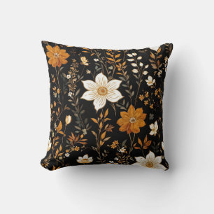 Black Autumn Boho Vintage Gold Floral Pattern Throw Pillow