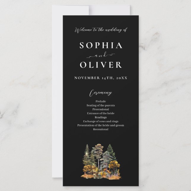 Black Autumn Watercolor Forest Wedding Program  (Front)