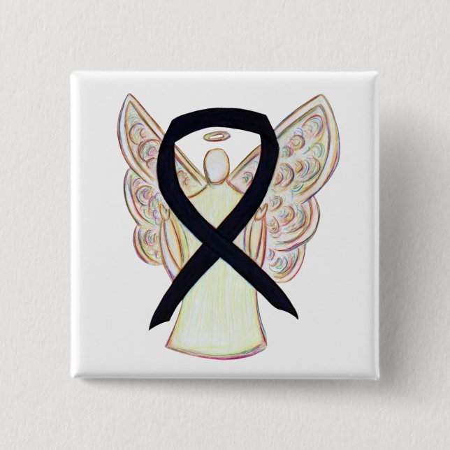 Black Awareness Ribbon Angel Custom Art Pins (Front)