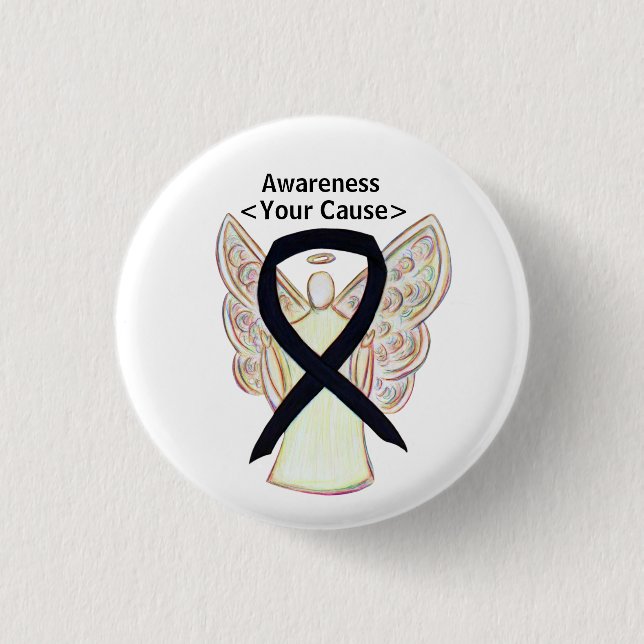 Black Awareness Ribbon Art Customized Angel Button (Front)