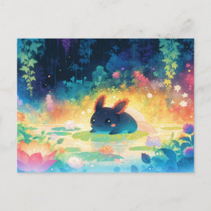 Black Axolotl in Magical Rainbow Flower Pond Postcard