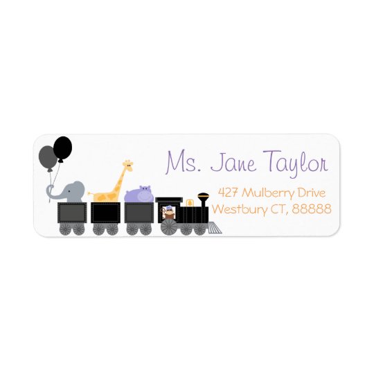 Black Baby Animals On A Train Baby Shower Return Address Label