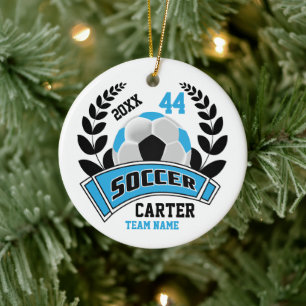 Black, Baby Blue and White Personalize Soccer  ⚽ Ceramic Ornament