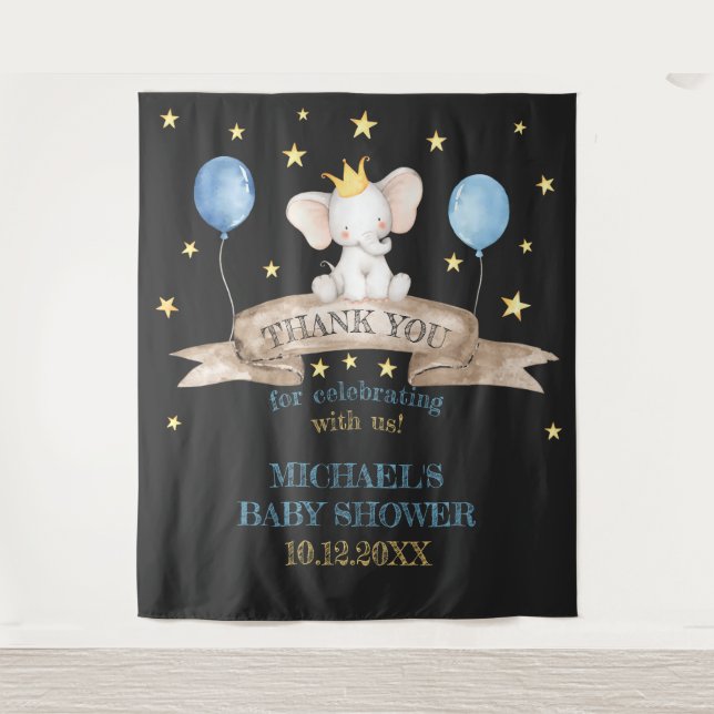 black baby shower stars balloon elephant backdrop tapestry (Front)