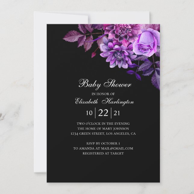 Black baby shower. Watercolor purple flowers Invitation (Front)