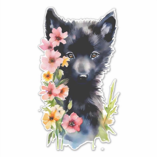 Black Baby Wolf cub watercolor art painting (Front)