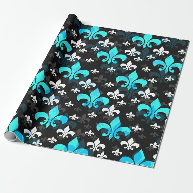 Black Back Blue White Fleur De Lis  Wrapping Paper (Unrolled)