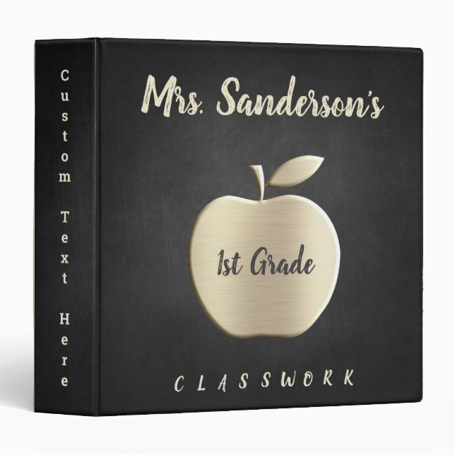 Black Back To School Teacher Grade Gold Apple Binder (Front/Spine)