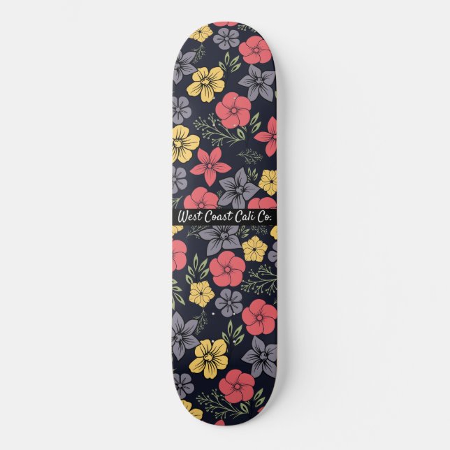 Black background and Colorful Flowers Skateboard (Front)