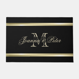 Black Background And Gold Stripes Doormat