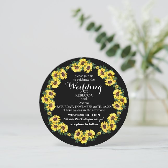 Black background and sunflowers invitation (Standing Front)