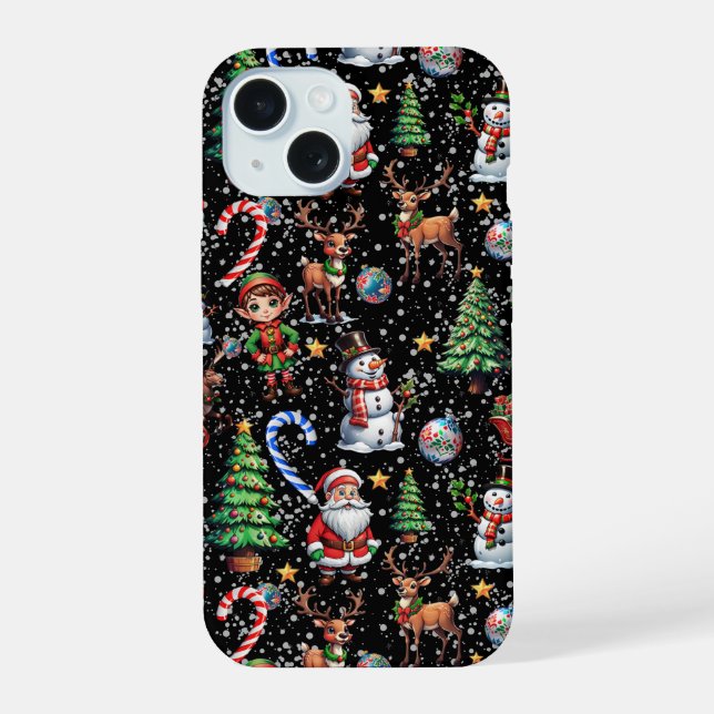 Black Background Christmas Decorative Pattern iPhone 15 Case (Back)