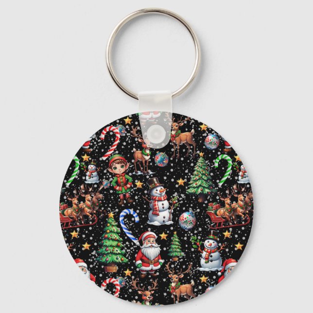 Black Background Christmas Decorative Pattern Keychain (Front)