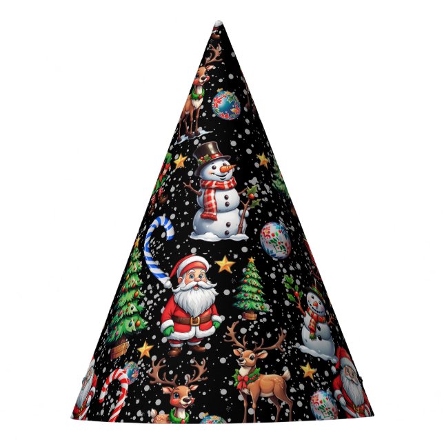 Black Background Christmas Decorative Pattern Party Hat (Front)