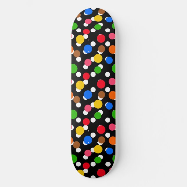 Black Background Colourful Polka Dots Skateboard (Front)