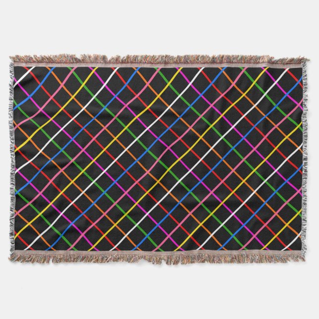 Black Background Colourful Windowpane Plaid Design Throw Blanket (Front)