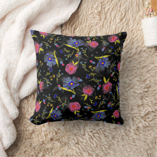 Black Background Floral Pink Blue Pattern Design  Throw Pillow