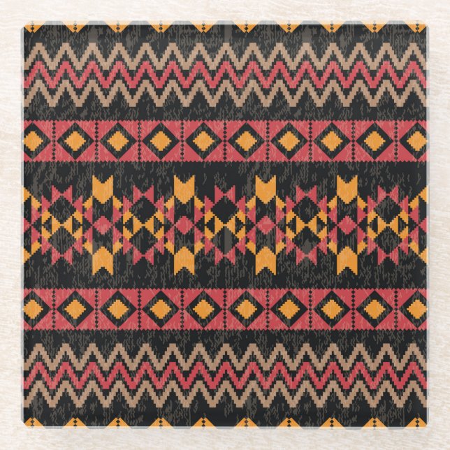 Black Background, Geometric Modern Pattern. Glass Coaster (Front)