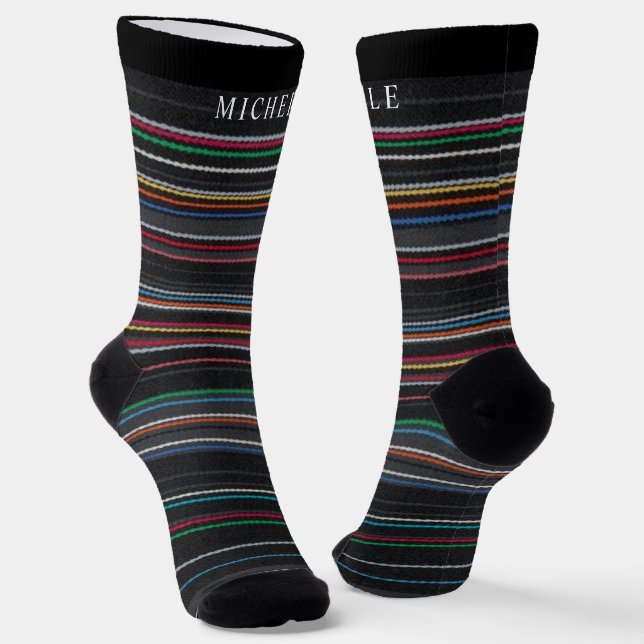 Black Background Multicolor  Striped Custom Name  Socks (Angled)