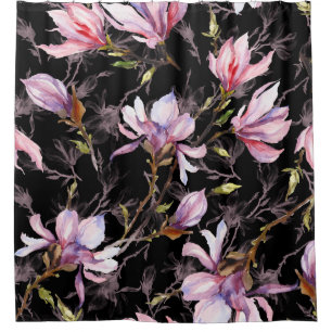 Black Background Pink Magnolia Watercolor