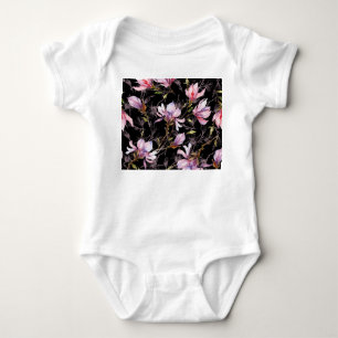 Black Background Pink Magnolia Watercolor Baby Bodysuit