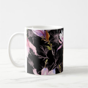 Black Background Pink Magnolia Watercolor Coffee Mug