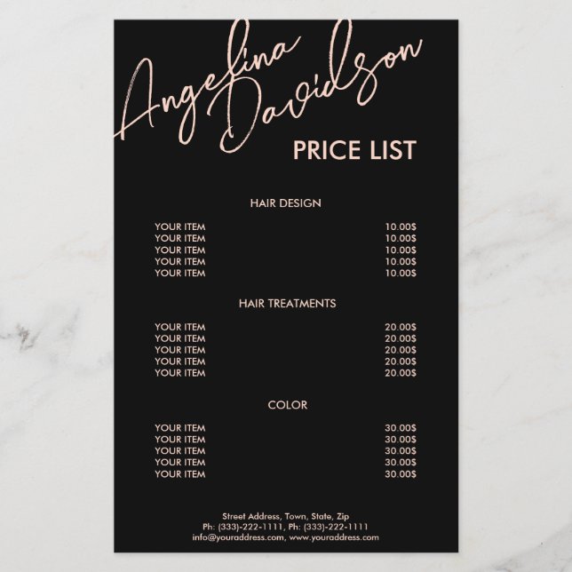 Black Background Pink Text Price List Flyer (Front)