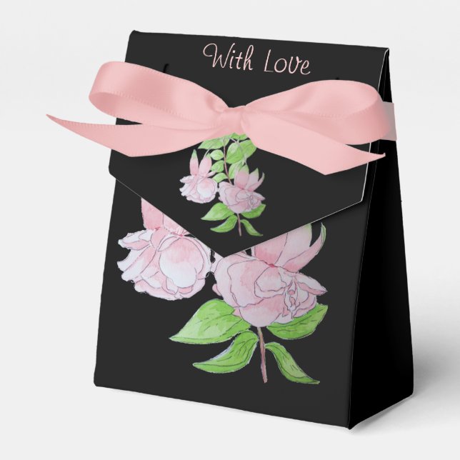 black background pretty pink flowers for wedding favor box (Front Side)