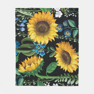 Black Background Sunflower Pattern Fleece Blanket