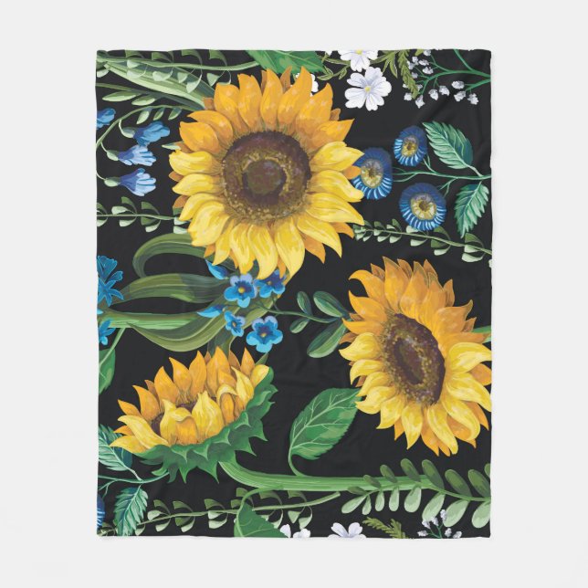 Black Background Sunflower Pattern Fleece Blanket (Front)