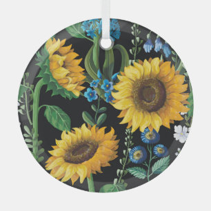 Black Background Sunflower Pattern Glass Ornament
