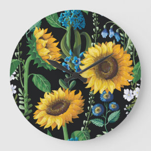 Black Background Sunflower Pattern Large Clock