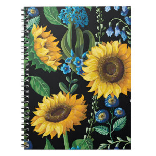 Black Background Sunflower Pattern Notebook