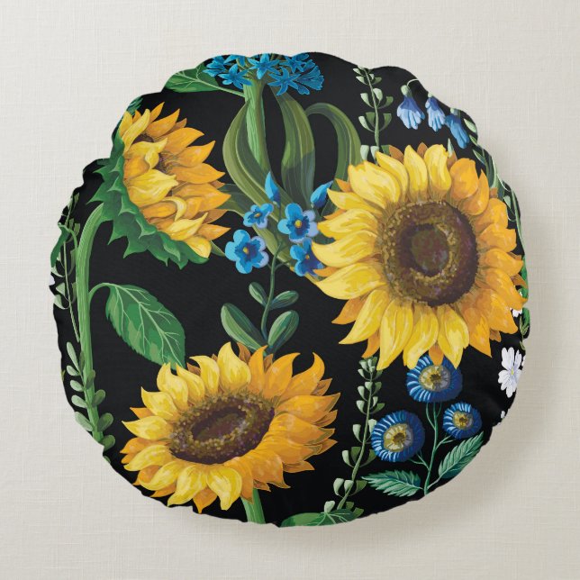 Black Background Sunflower Pattern Round Pillow (Front)