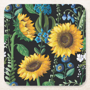 Black Background Sunflower Pattern Square Paper Coaster
