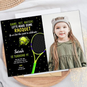 Black Background Tennis Birthday Invitations