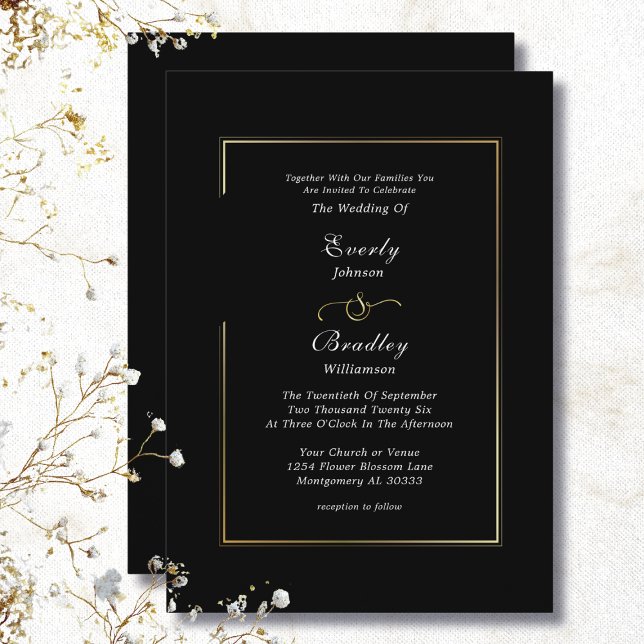 Black Background White Gold Frame Border Wedding Invitation (Creator Uploaded)