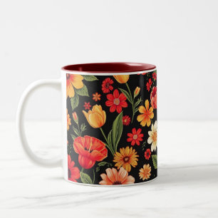 Black Background With Flowers Two-Tone Coffee Mug