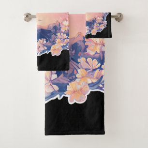 black background with mountain view bath towel set
