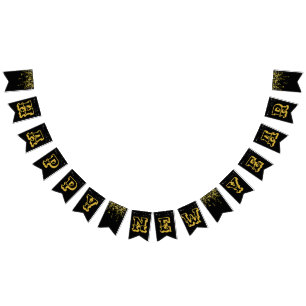 Black background with star golden Happy New  Year Bunting Flags