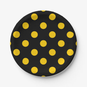 Black Background Yellow Polka Dots Paper Plate