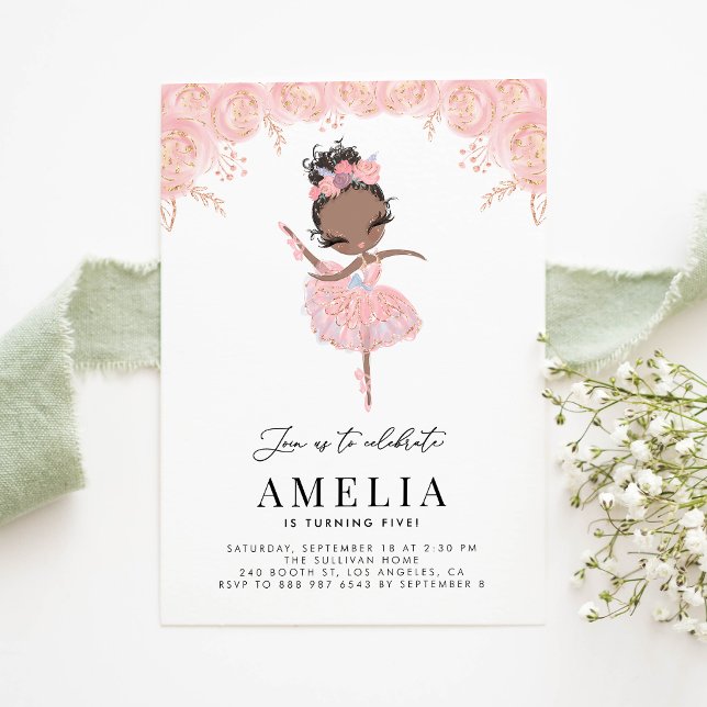Black Ballerina in Pink Dress Floral Birthday Invitation (Creator Uploaded)