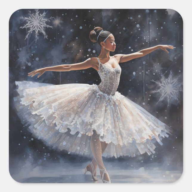 Black Ballerina in White Snowflake Tutu Square Sticker (Front)