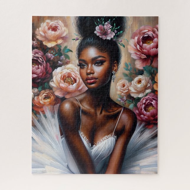Black Ballerina In White Tutu With Peonies Art Jigsaw Puzzle (Vertical)