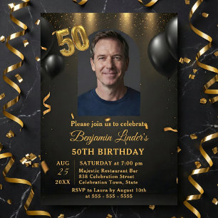 Black Balloons & Gold Confetti Photo 50th Birthday Invitation