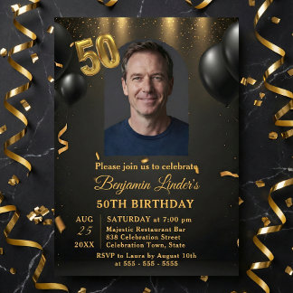Black Balloons & Gold Confetti Photo 50th Birthday Invitation