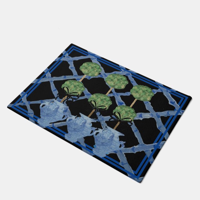 Black Bamboo Chinoiserie Ginger Jar Doormat Rug  (Angled)
