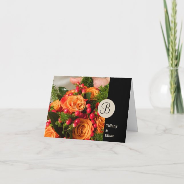 Black band custom photo monogram letter thank you card (Front)